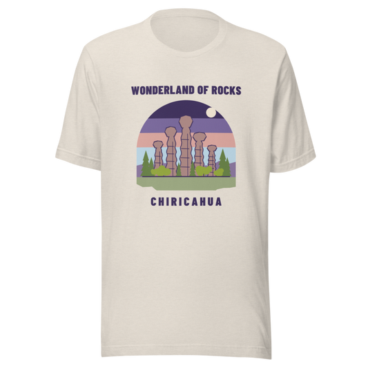 Wonderland of Rocks t-shirt - Heather Dust - landscape - official Printful mockup