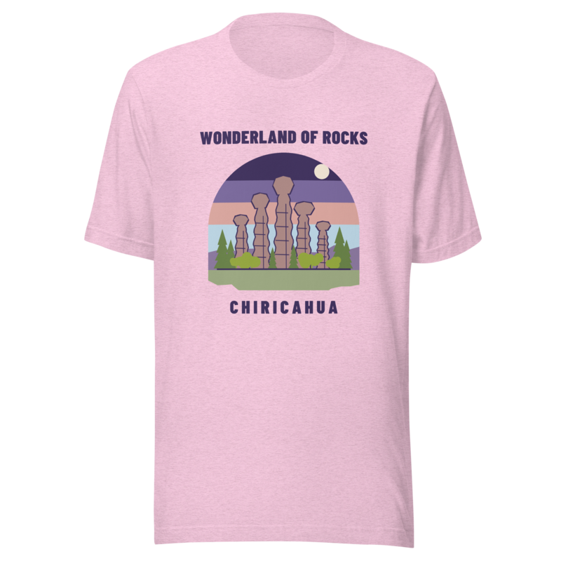 Wonderland of Rocks t-shirt - Heather Prism Lilac - landscape - official Printful mockup