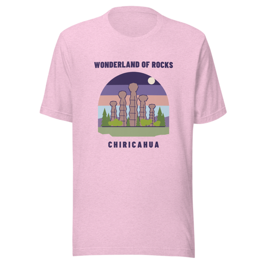 Wonderland of Rocks t-shirt - Heather Prism Lilac - landscape - official Printful mockup