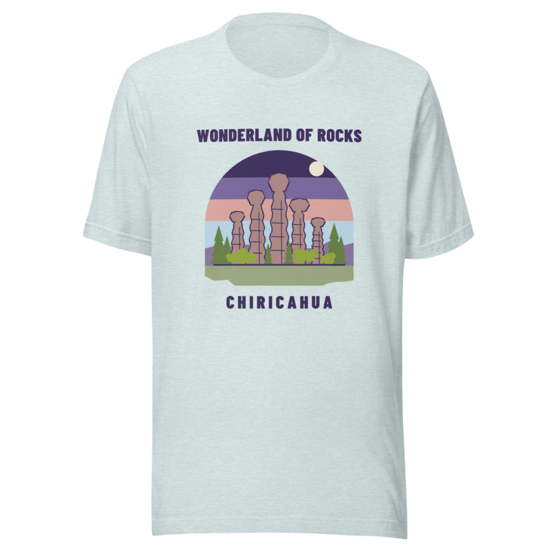 Wonderland of Rocks t-shirt - Heather Prism Ice Blue - landscape - official Printful mockup