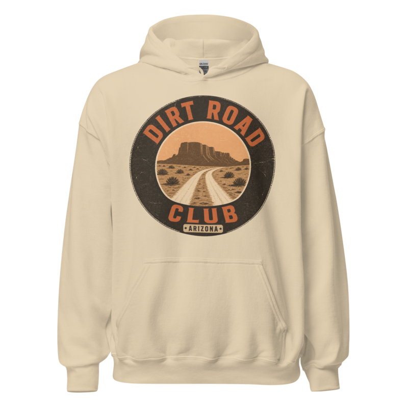 Dirt Road Club hoodie Sand Printful on-garment overlay