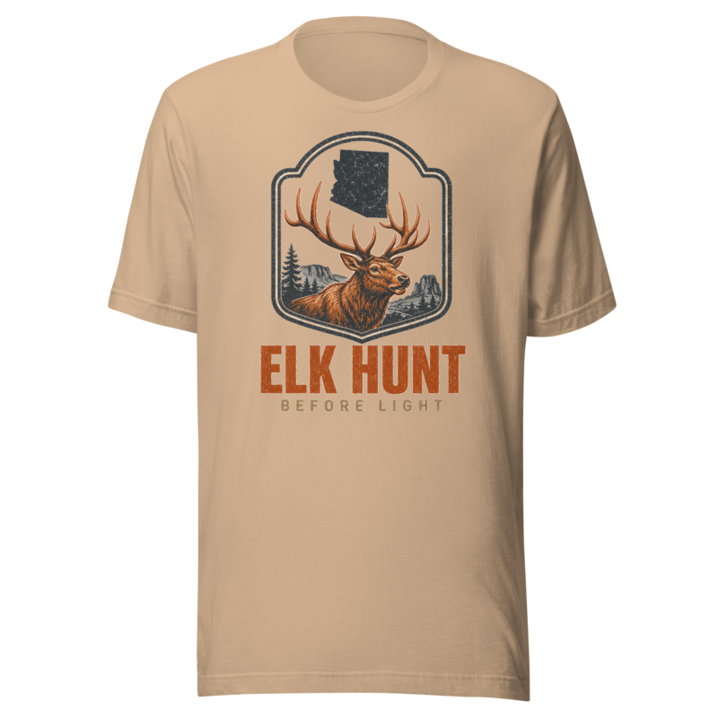 Elk Hunt Unisex Tee — Printful Tan on-garment overlay v2 (no plate, bigger)