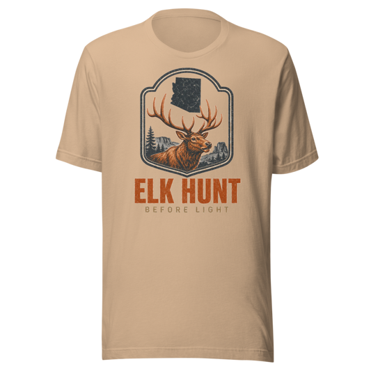Elk Hunt Unisex Tee — Printful Tan on-garment overlay v2 (no plate, bigger)