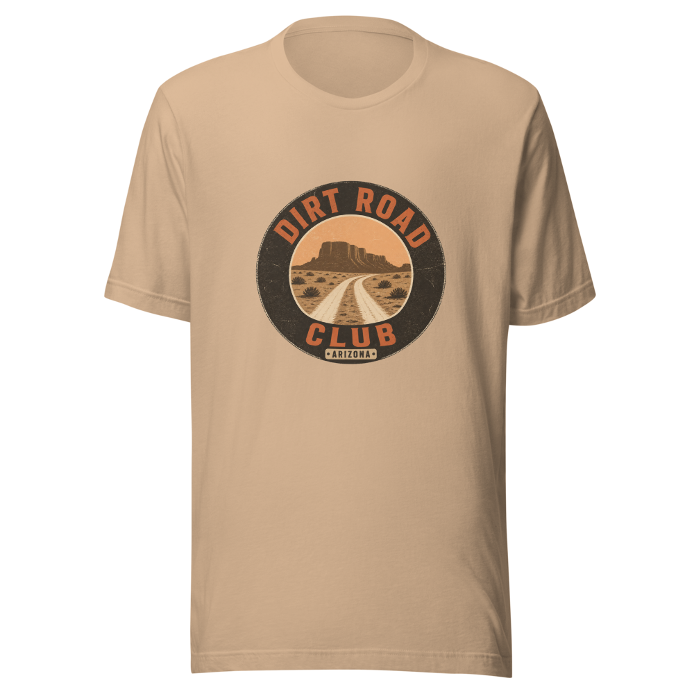 Dirt Road Club tee Tan Printful on-garment overlay 85pct