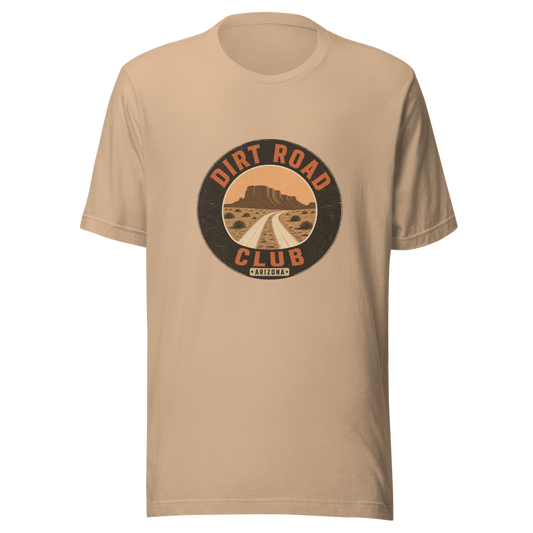 Dirt Road Club tee Tan Printful on-garment overlay 85pct