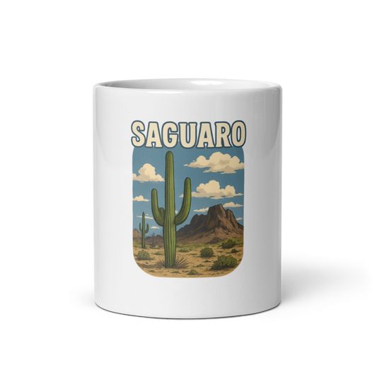 Saguaro - White glossy mug, Summer 2025 Cactus Collection Printful front view 11oz