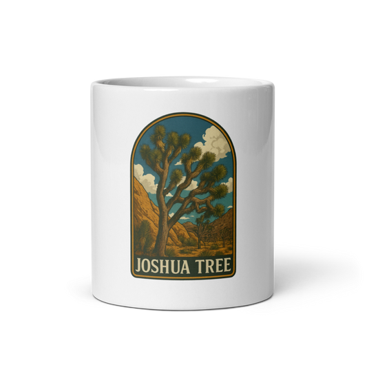 Joshua Tree - White glossy mug, Summer 2025 Cactus Collection Printful front view 11oz