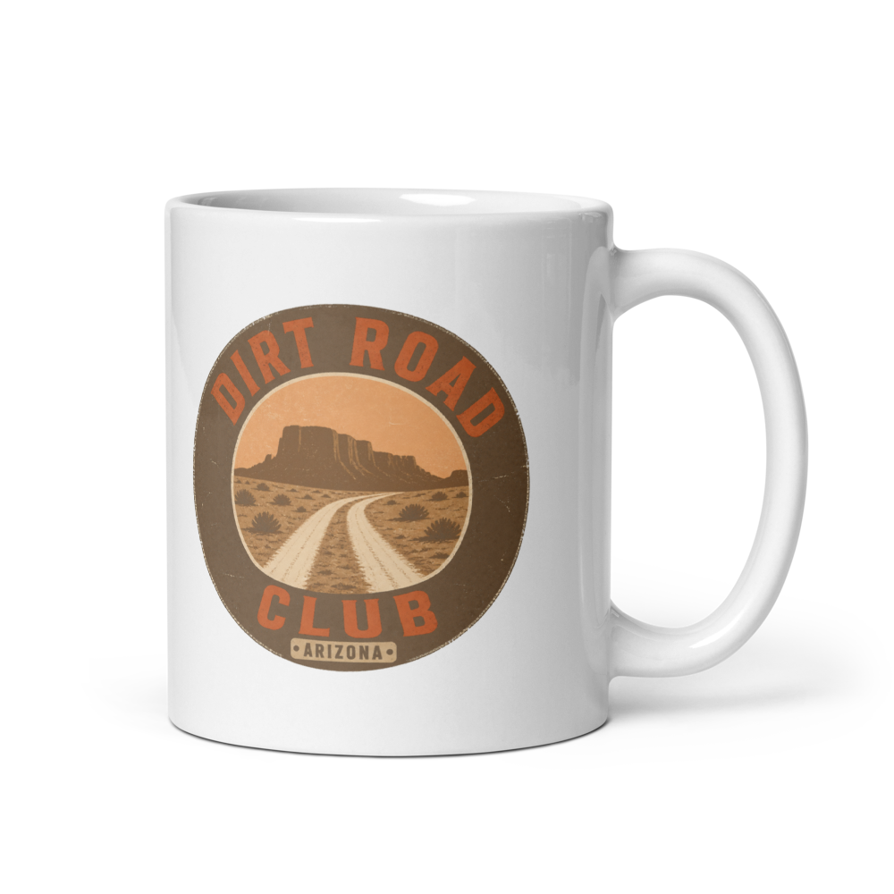 Dirt Road Club - White glossy mug, Dust Season 2026 Printful handle on right 11oz