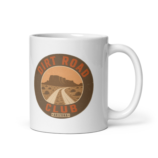 Dirt Road Club - White glossy mug, Dust Season 2026 Printful handle on right 11oz